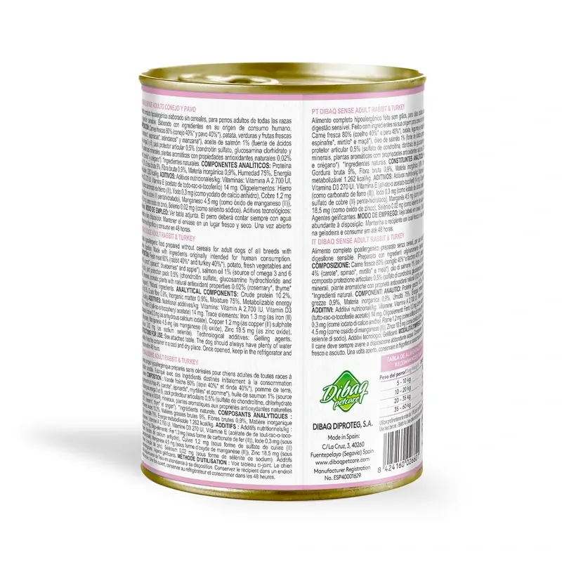 Dibaq Sense Comida Húmeda Perros Sensitive Conejo Y Pavo, 12 x 380 gr