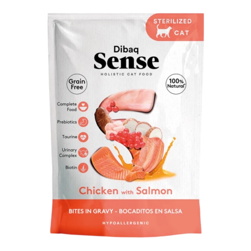 Dibaq Sense Bocaditos en Salsa Pollo y Salmón 100g — Comida Húmeda para Gatos Esterilizados