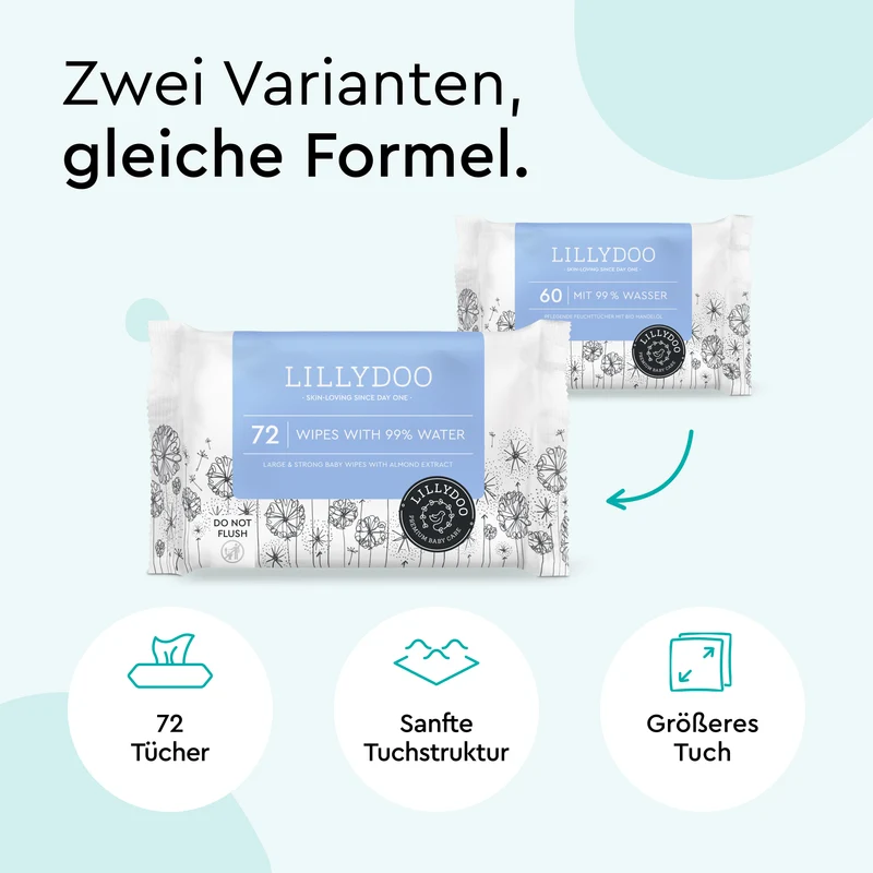 Deal: LILLYDOO Feuchttücher mit 99 % Wasser - 8 Packungen - 576 extra große Tücher