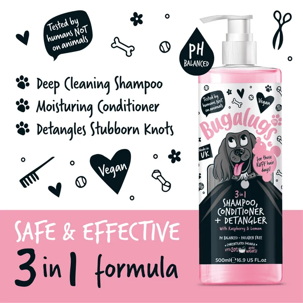 Bugalugs 3-in-1 Shampoo, Conditioner, & Detangler For Dogs - Raspberry & Lemon 500ML