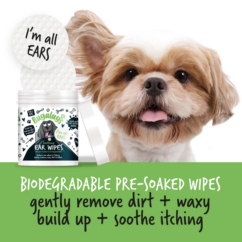 Bugalugs Soothing Biodegradable Ear Wipes for Dogs 100WIPES
