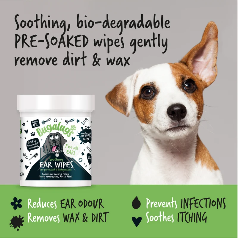 Bugalugs Soothing Biodegradable Ear Wipes for Dogs 100WIPES