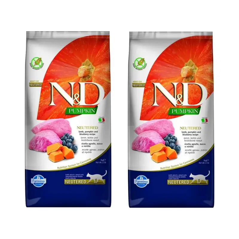 Farmina N&D Cat Calabaza Neutered Cordero Arandano 5Kg, Pienso Para Gatos, Pack De 2