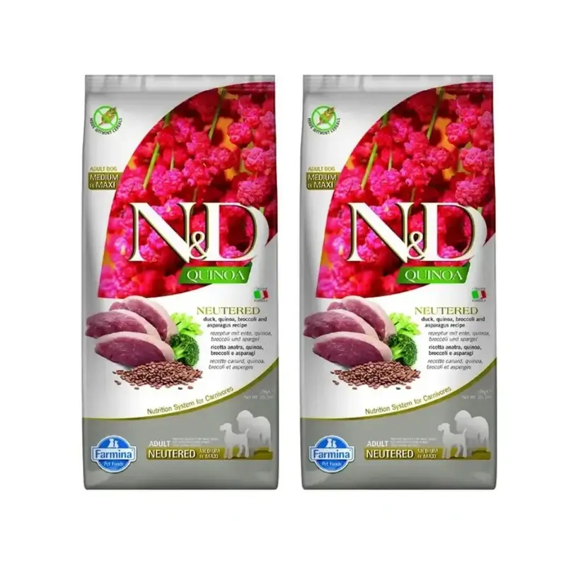 Farmina N&D Dog Quinoa Neutered Pato Medium Maxi 12Kg, Pienso Para Perros, Pack De 2