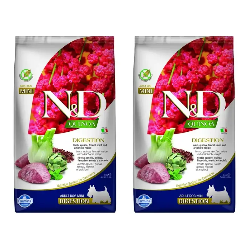 Farmina N&D Dog Quinoa Digestion Cordero Mini 2,5Kg, Pienso Para Perros, Pack De 2