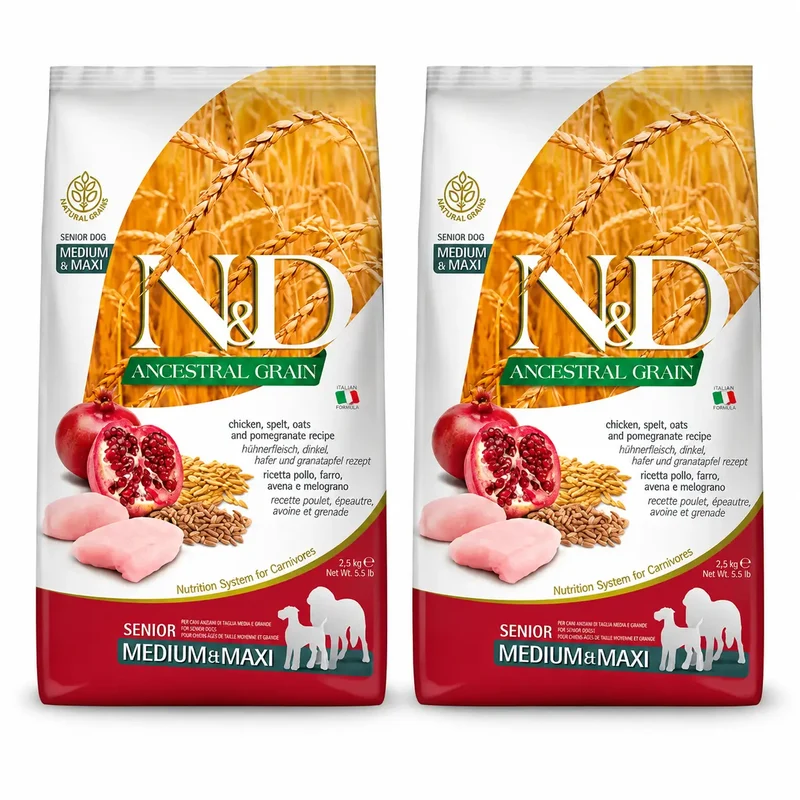 Farmina N&D Dog Ancestral Senior Medium Maxi 12Kg, Pienso Para Perros, Pack De 2