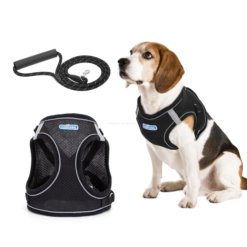Arnés reflectante para perros con correa – Negro