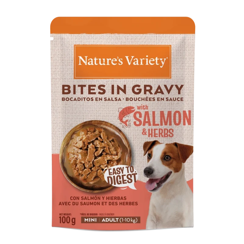 Nature's Variety Dog Bites in Gravy Mini Salmón y Hierbas Comida Húmeda para Perros 100g