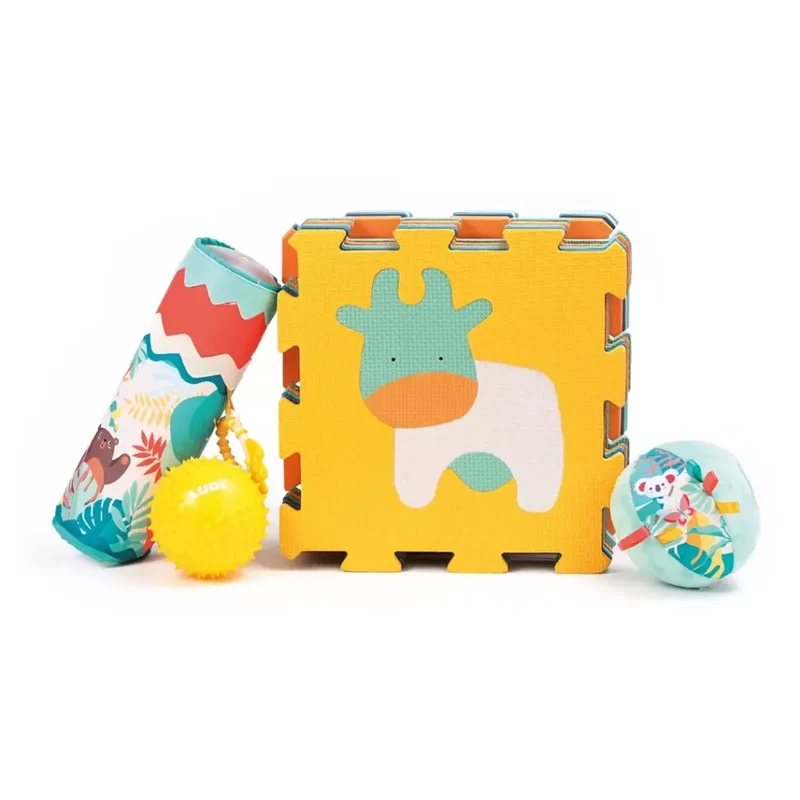 Ludi Coffret Sensoriel - Tapis Dalles Animaux avec Rouleau & Balles