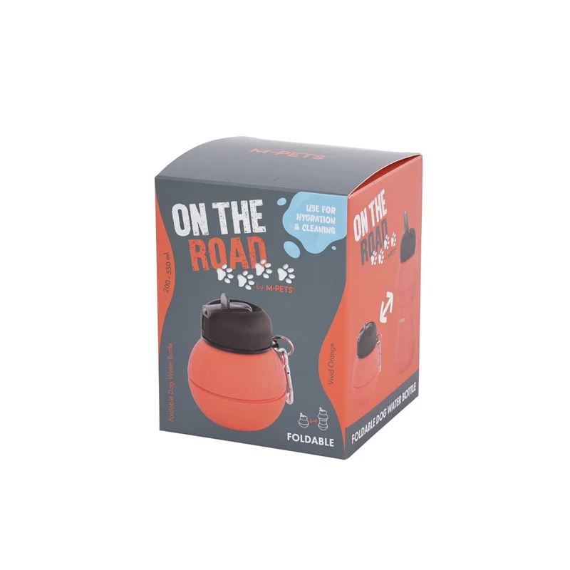 On the road Foldable dog water bottle 200ml-550ml 2 in 1 Vivid Orange Color