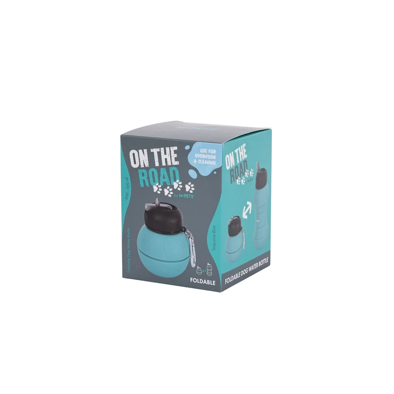 On the road Foldable dog water bottle 200ml-550ml 2 in 1 Turquoise Blue Color