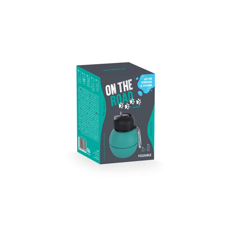 On the road Foldable dog water bottle 200ml-550ml 2 in 1 Turquoise Blue Color