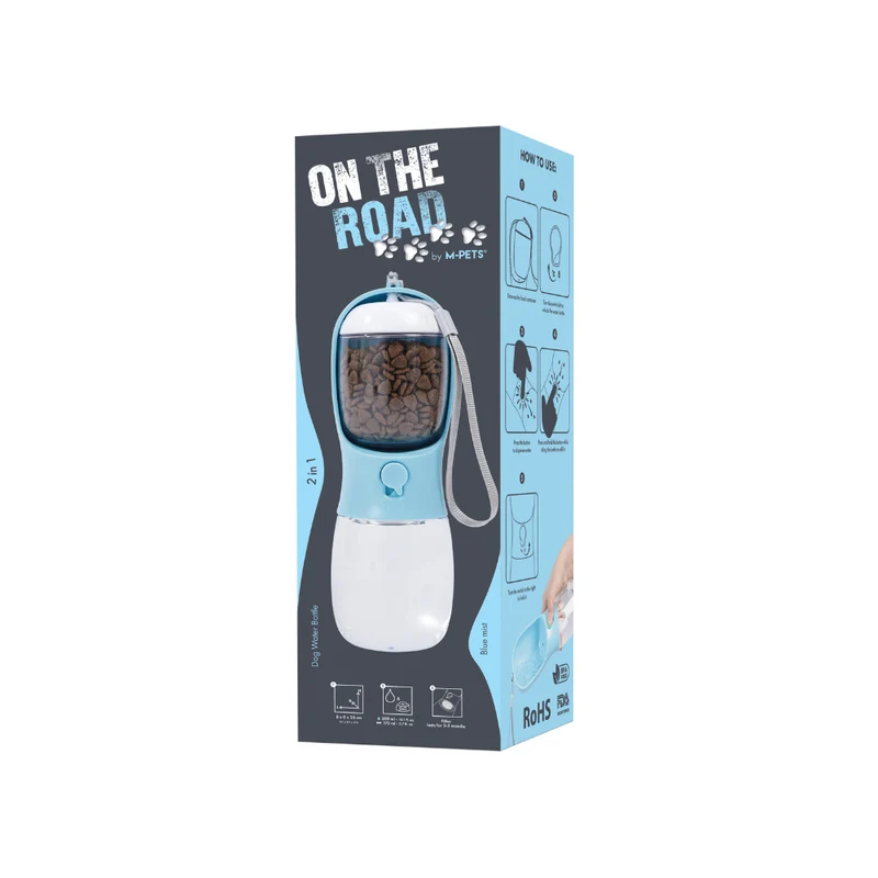 ON THE ROAD - Dog water bottle 300 ml 2 in 1 - Blue mist