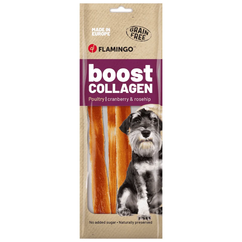 Flamingo Boost Tiras con Pollo y Colágeno Snack Natural para Perros