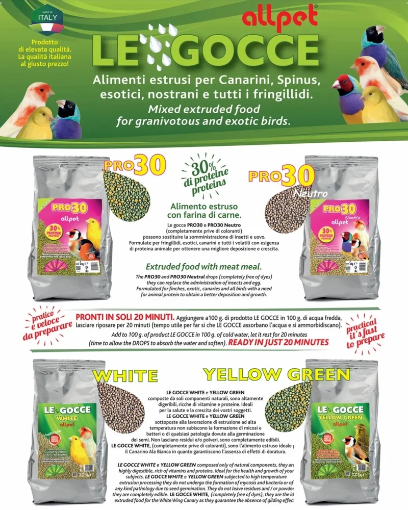 Le Gocce Pro30 900 gramos (sustituto de semillas germinadas, color verde amarillento) 30% Proteína - AllPet