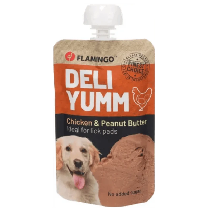 Flamingo Deli Yumm Paté Pollo y Mantequilla de Cacahuetes Snack Líquido para Perros