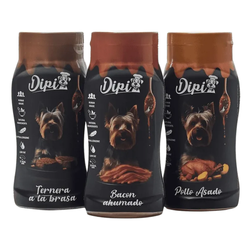 Dipi Salsa para Perros 300 ml con Ingredientes Naturales | Pollo Asado, Bacon Ahumado y Ternera a la Brasa