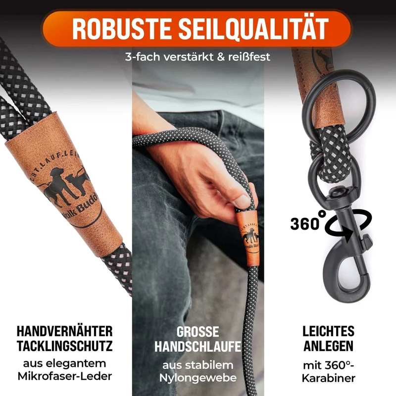 Reflektionsleine GLOW stark reflejado con manos y vegano