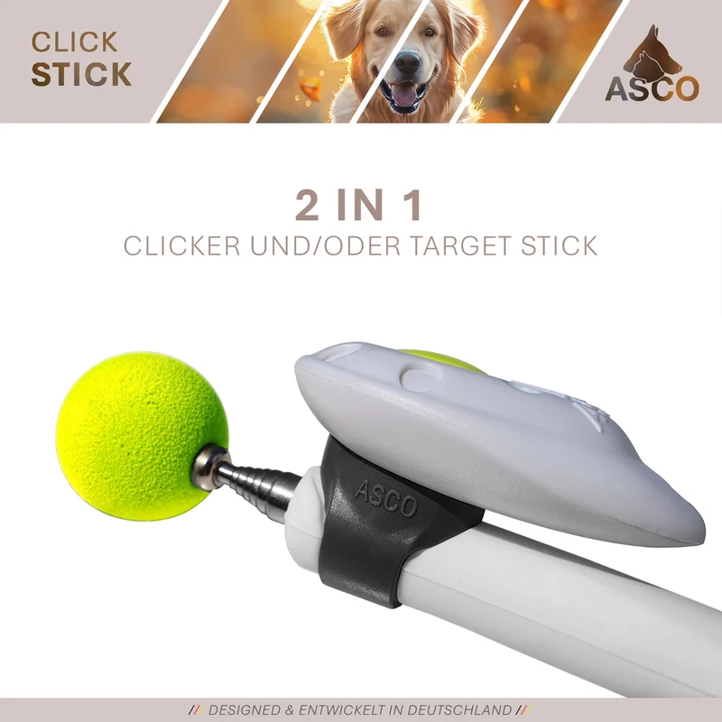 ASCO ClickStick - Target Stick con abnehmbarem Premium Clicker - Target Stab para perros Katzen Clickertraining - Targetstick ausziehbar mit extra Klicker - Targetstab para Target-Training