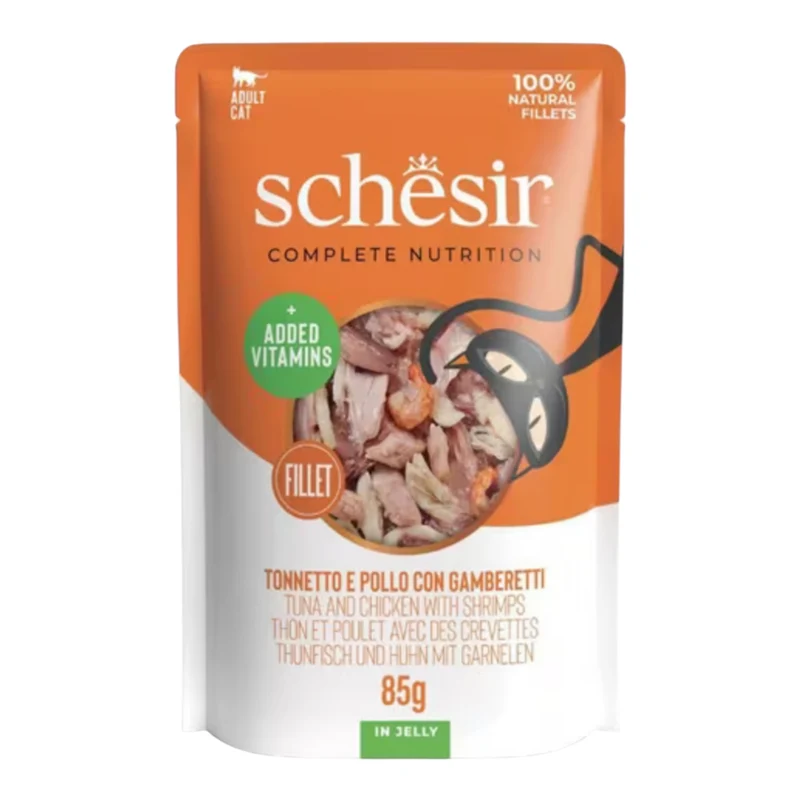 Schesir Pouche Atún, Pollo y Gambas para Gatos — Comida Húmeda Premium