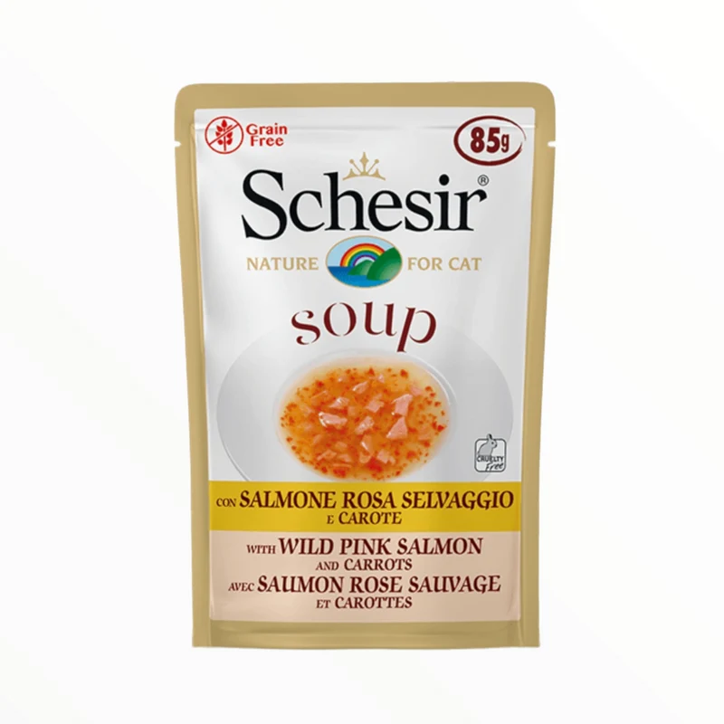 Schesir Sopa Salmón Rosado y Zanahoria para Gatos — Comida Húmeda