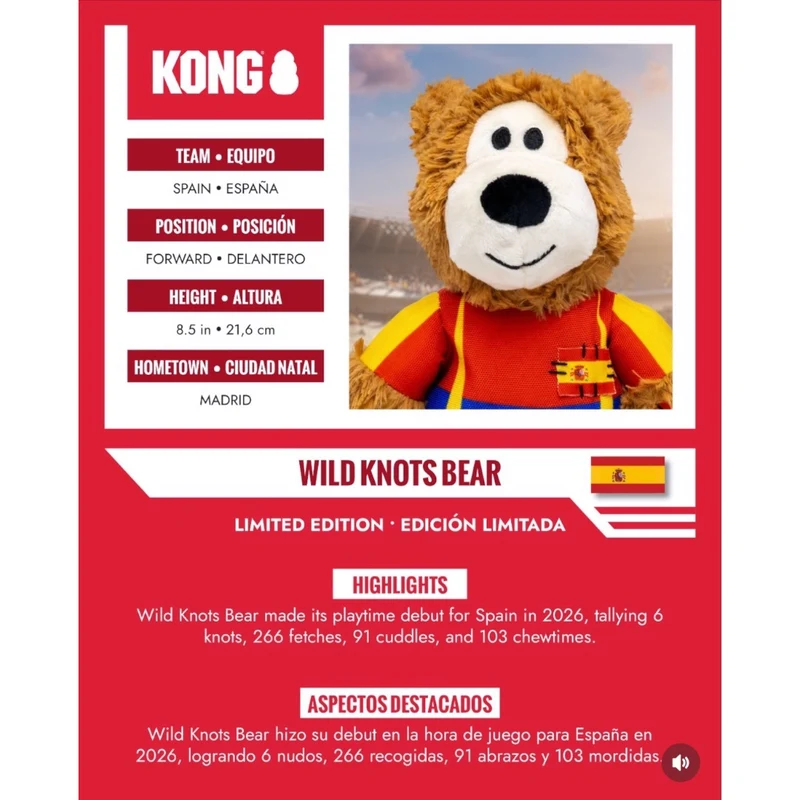 KONG Wild Knots Bear España Mundial 2026 — Peluche Oso Selección Española Resistente para Perros