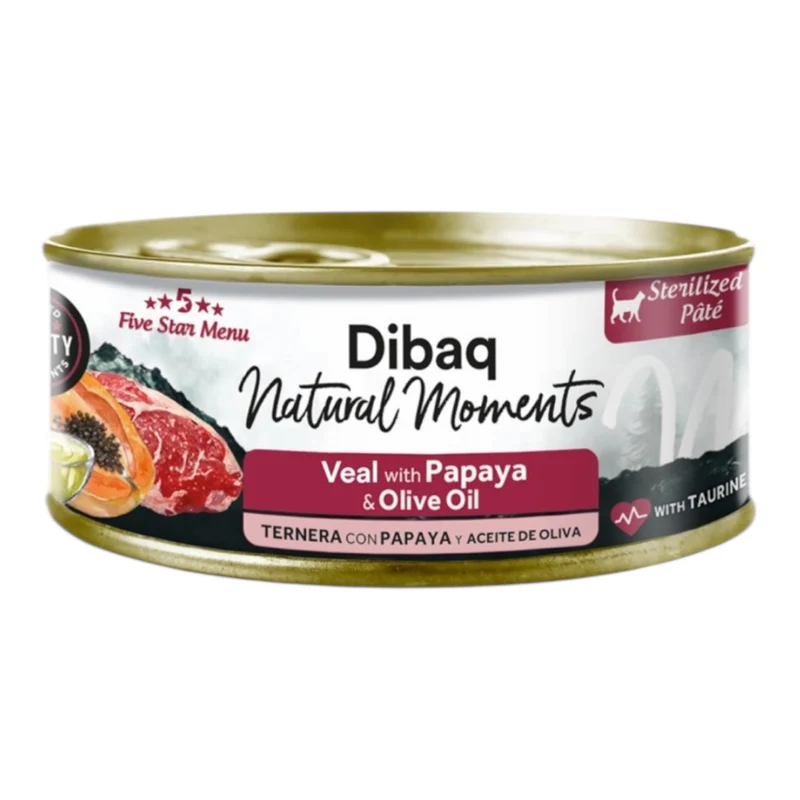 Dibaq Natural Moments Ternera y Papaya 70g — Comida Húmeda Sin Cereales para Gatos Esterilizados
