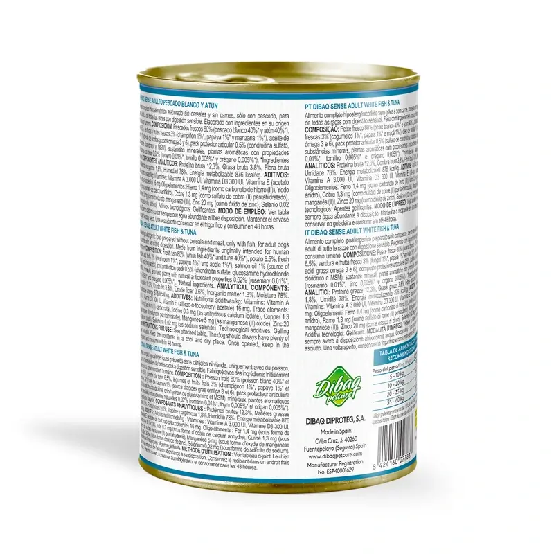 Dibaq Sense Comida Húmeda Perros Pescado Blanco Y Atún, 12 x 380 gr