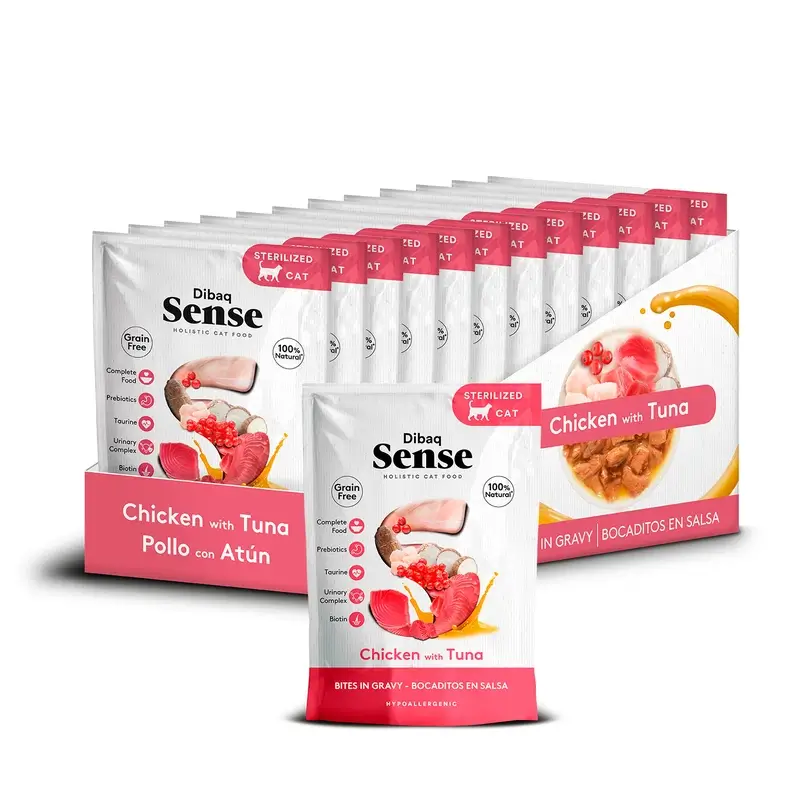 Dibaq Sense Comida Húmeda Gatos Bocaditos En Salsa Pollo Con Atún, 12 x 100 gr