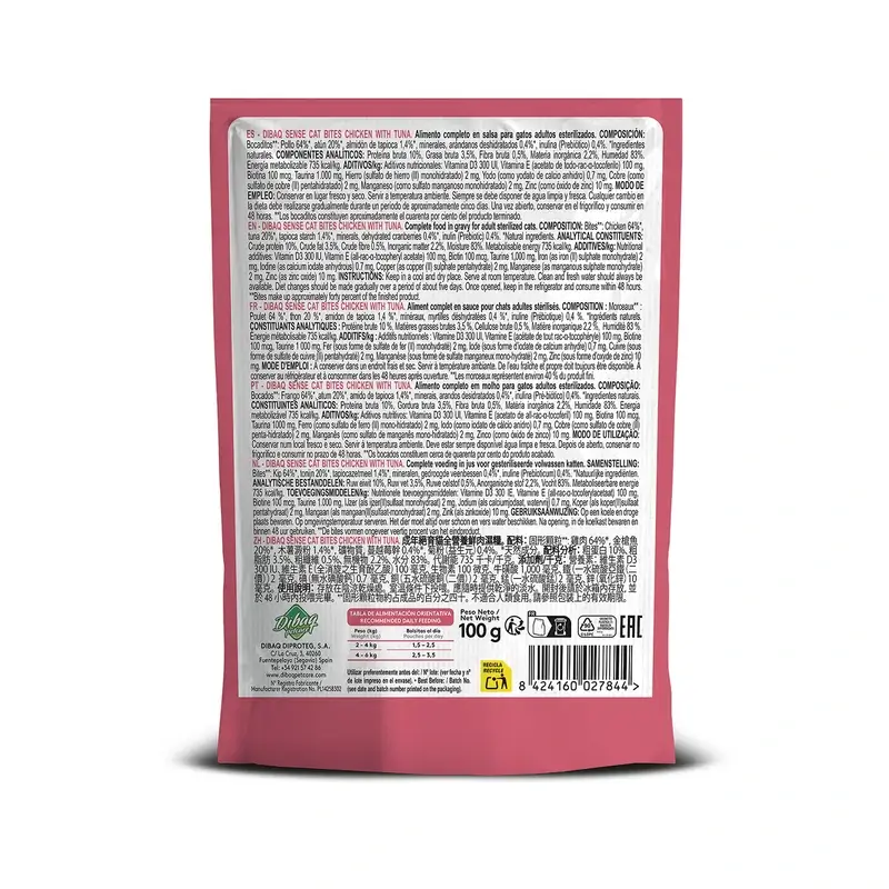 Dibaq Sense Comida Húmeda Gatos Bocaditos En Salsa Pollo Con Atún, 12 x 100 gr
