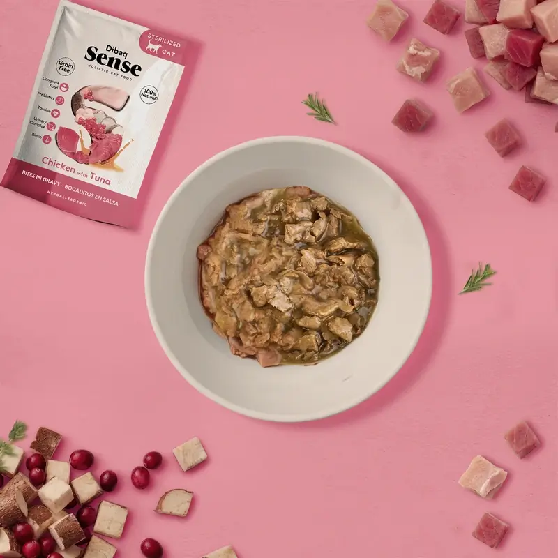 Dibaq Sense Comida Húmeda Gatos Bocaditos En Salsa Pollo Con Atún, 12 x 100 gr
