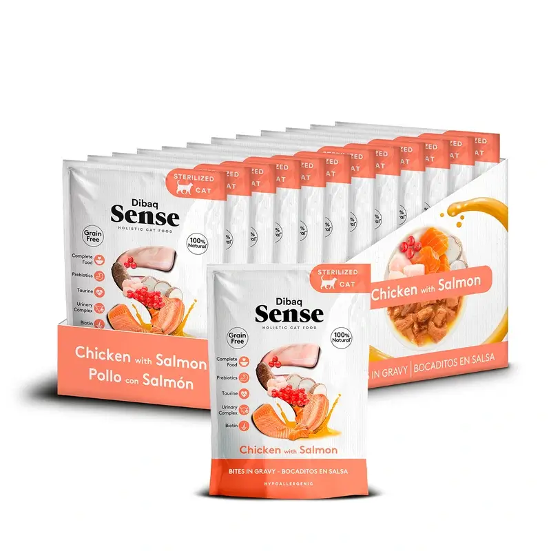 Dibaq Sense Comida Húmeda Gatos Bocaditos En Salsa Pollo Con Salmón, 12 x 100 gr
