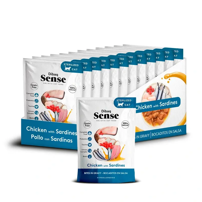 Dibaq Sense Comida Húmeda Gatos Bocaditos En Salsa Pollo Con Sardinas, 12 x 100 gr