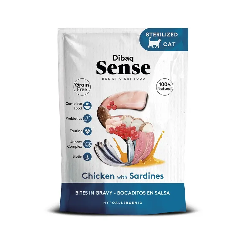 Dibaq Sense Comida Húmeda Gatos Bocaditos En Salsa Pollo Con Sardinas, 12 x 100 gr