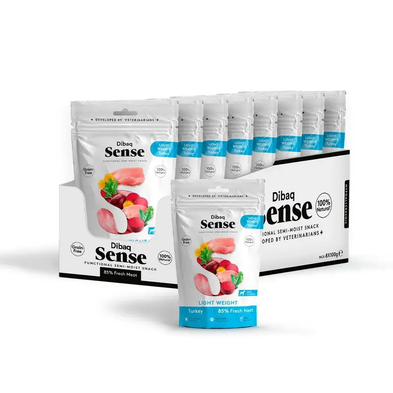 Dibaq Sense Snack Perros Peso Light Pavo, 8 x 100 gr