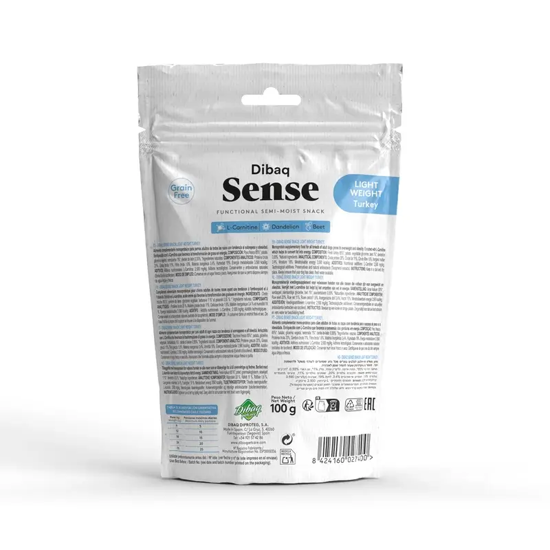 Dibaq Sense Snack Perros Peso Light Pavo, 8 x 100 gr