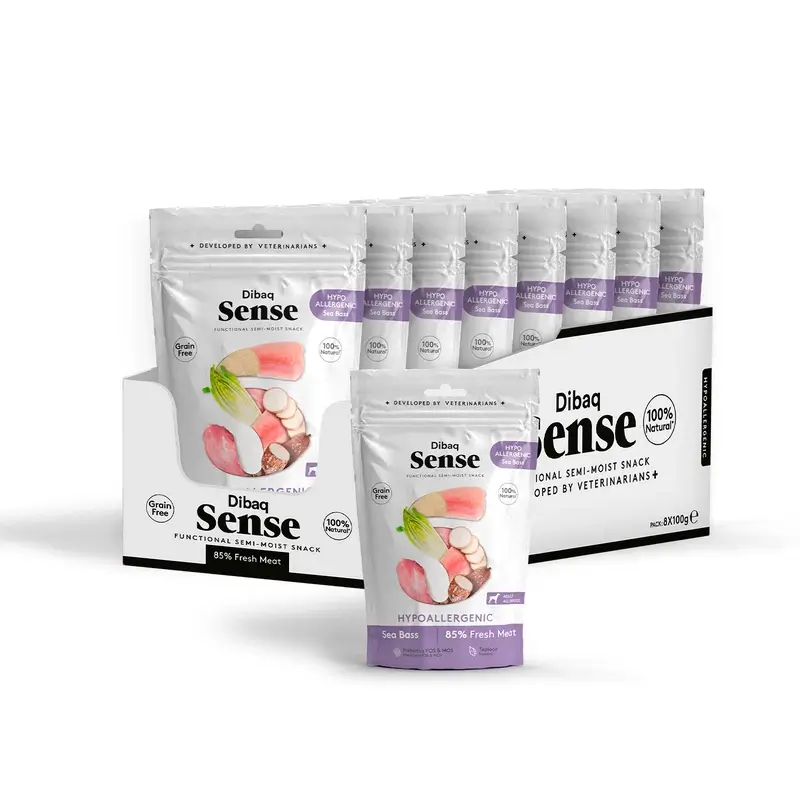 Dibaq Sense Snack Perros Hipoalergénico Lubina, 8 x 100 gr