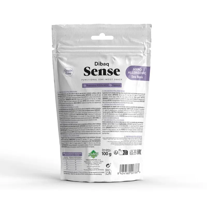 Dibaq Sense Snack Perros Hipoalergénico Lubina, 8 x 100 gr