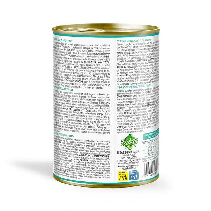 Dibaq Sense Comida Húmeda Perros Pato Y Pavo, 12 x 380 gr