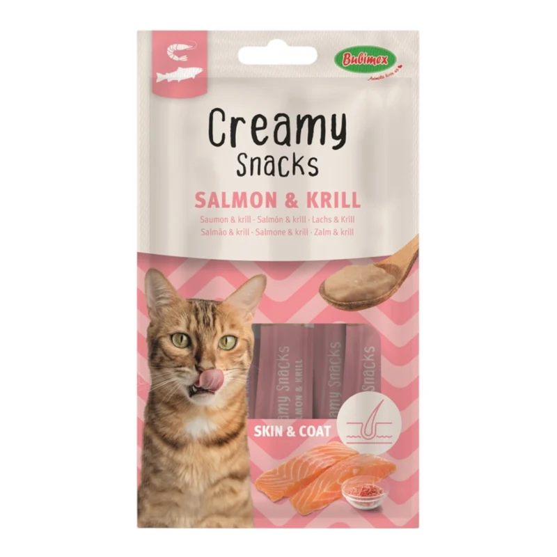 Bubi Creamy Snacks Skin Coat Salmón y Krill para Gatos — Piel y Pelo
