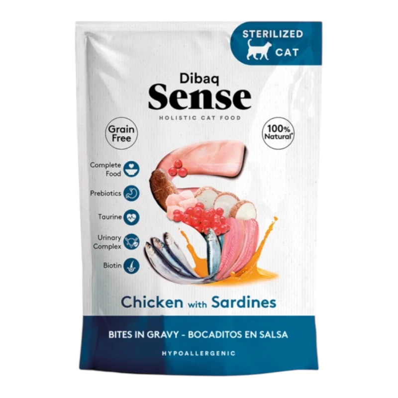 Dibaq Sense Bocaditos en Salsa Pollo y Sardinas 100g — Comida Húmeda para Gatos Esterilizados