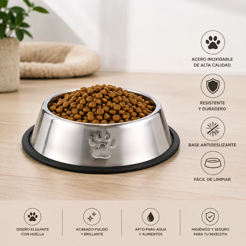 Comedero de Acero Inoxidable Antideslizante con Huella- Ø 18 cm