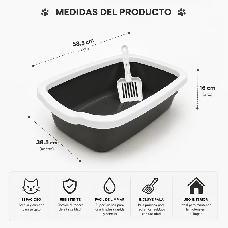 Arenero Abierto para Gatos con Pala – 58,5 x 38,5 x 16 cm. Negro