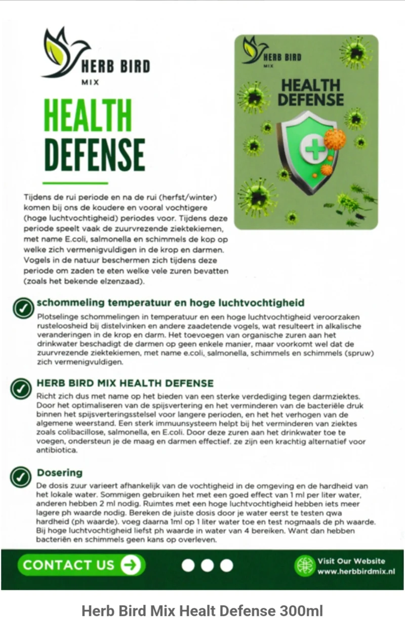 Health Defense 10 ml - Previene la coccidiosis (Antimanchas Negras ⚫️ 🌱) - Regula mejor el pH - Mezcla de hierbas para pájaros