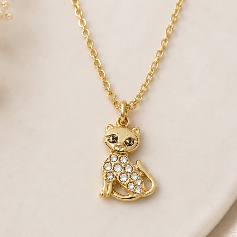 Collar Acero Inoxidable Gato Brillante Dorado