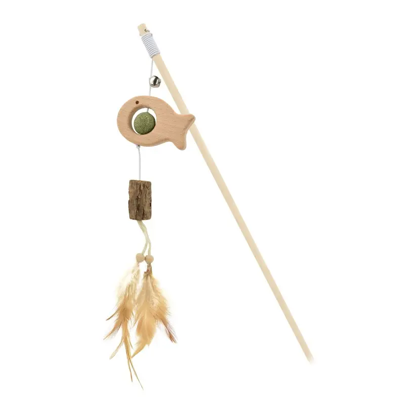 Juguete Gato Vara Animales Madera con Catnip y Pluma