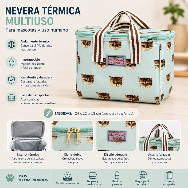 Nevera Térmica. Estampado Gatitos Verde