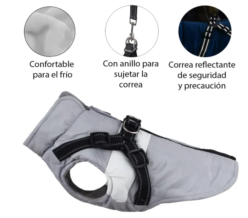 Abrigo para perro con arnés integrado. Color gris