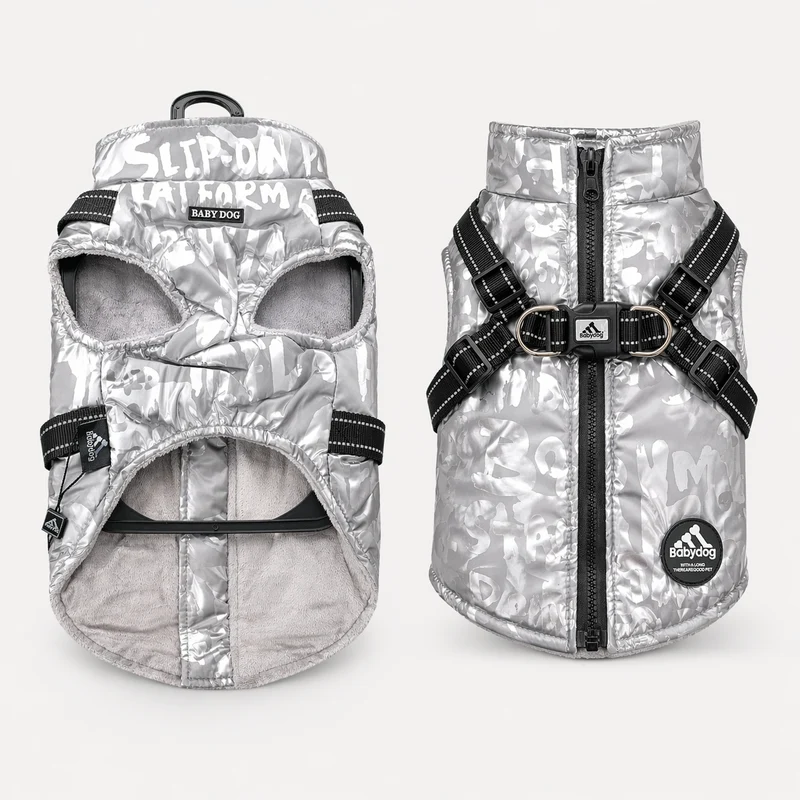 Chubasquero para perro impermeable con arnés integrado. Color plata