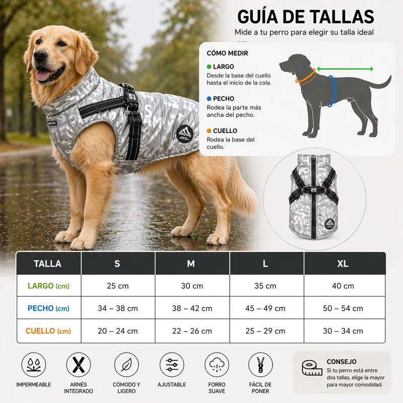 Chubasquero para perro impermeable con arnés integrado. Color plata